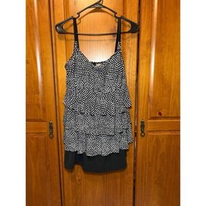 St Johns Bay Womens Swim Tankini Top Black White Polka Dot Tiered Ruffle Size 18